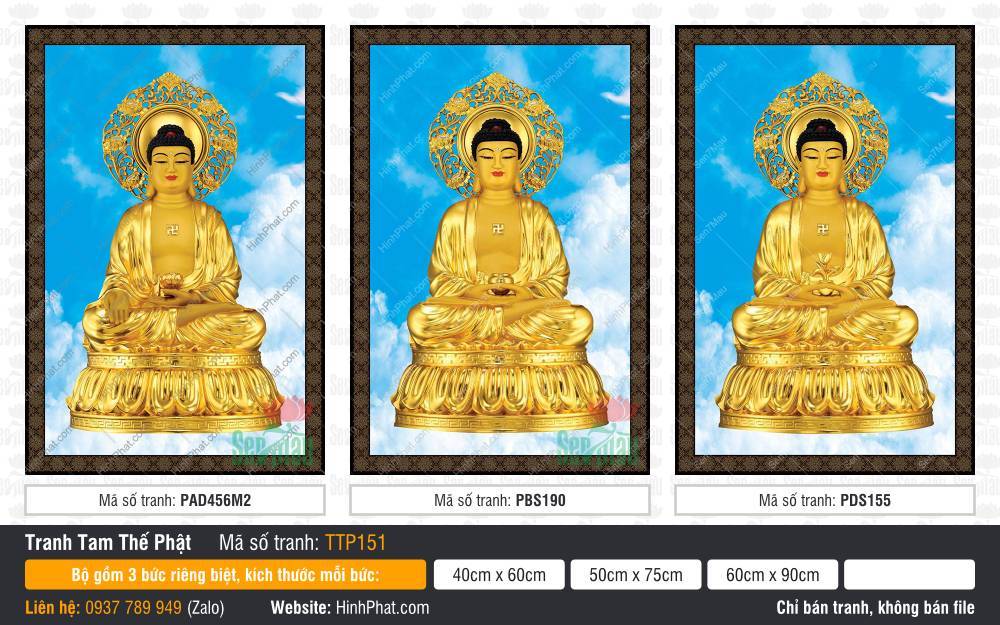 Tranh Tam Thế Nhất Thiết Chư Phật TTP151 Tranh Tam Thế Nhất Thiết Chư Phật TTP151 sắc vàng ngự tòa sen nền mây trời