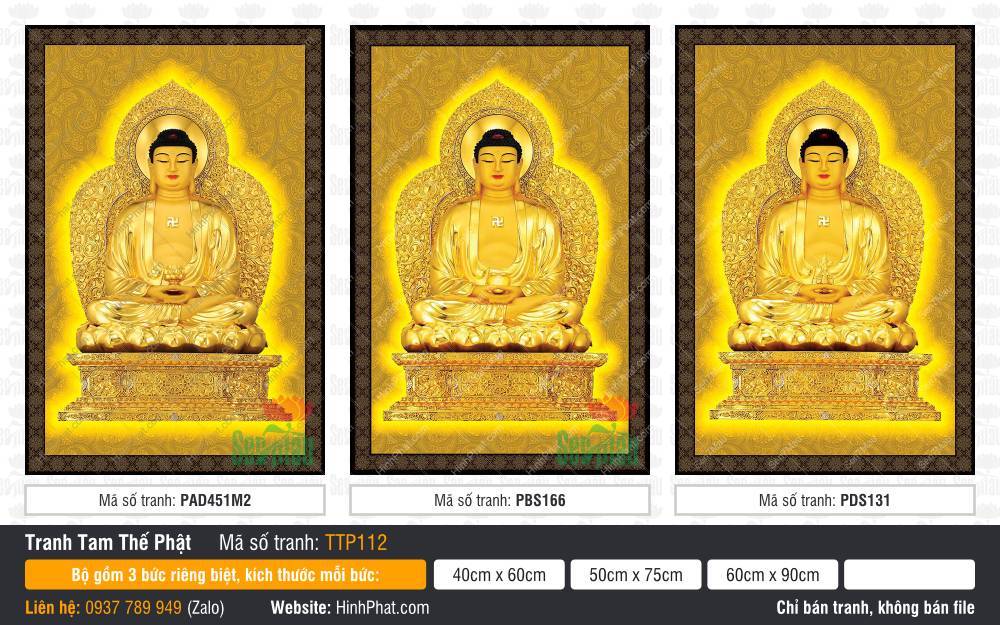 Tranh Tam Thế Phật Size Lớn TTP112 Tranh Tam Thế Phật Size Lớn TTP112 giả phù điêu màu vàng kim rực rỡ