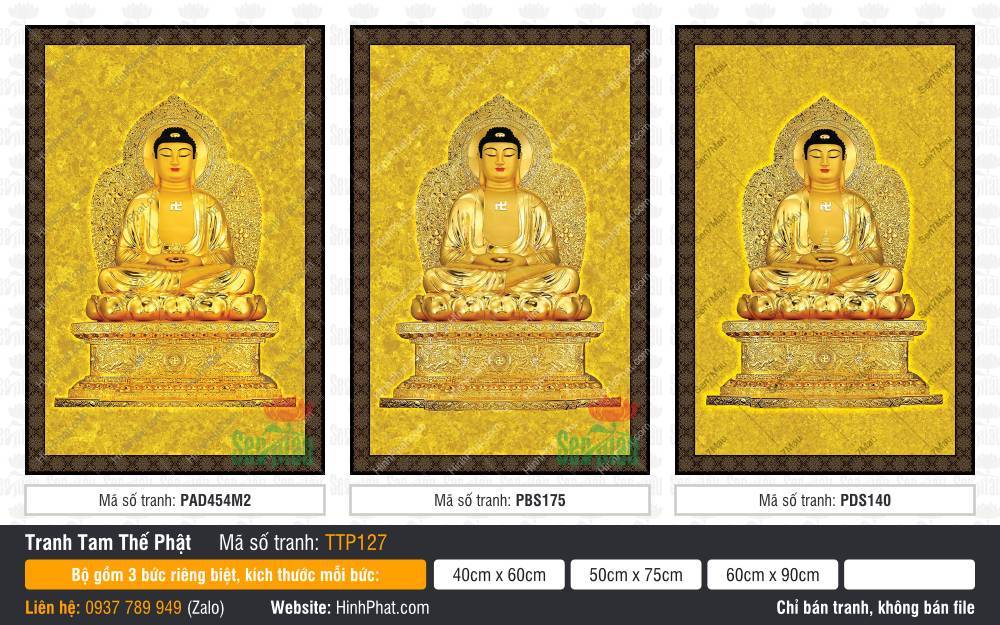 Tranh Tam Thế Phật TTP127 Tranh Tam Thế Phật TTP127 bộ ba bức nền gấm vàng hào quang rực rỡ thanh tịnh