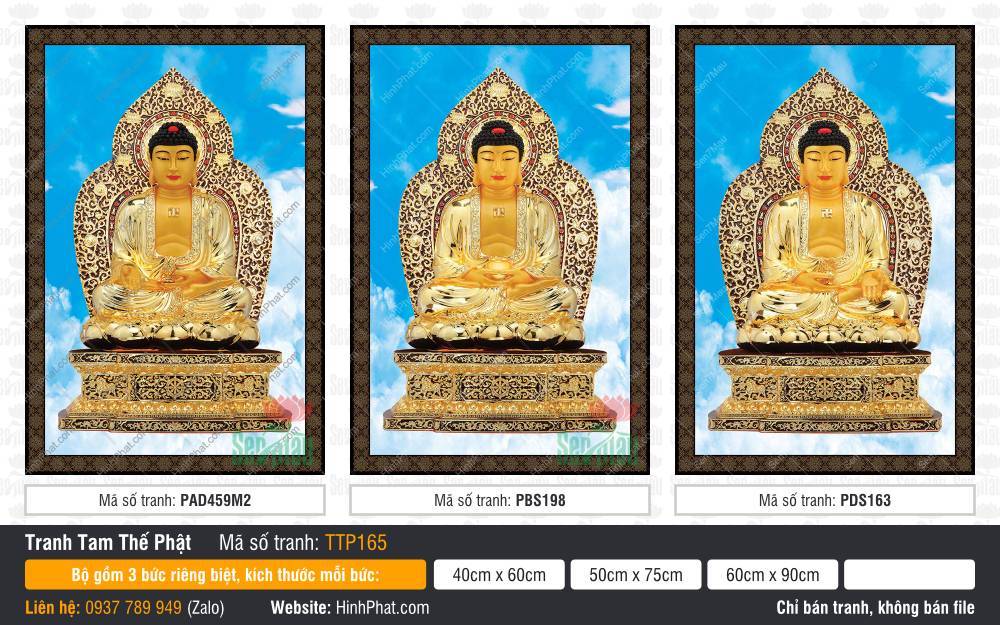 Tranh Tam Thế Phật TTP165 Tranh Tam Thế Phật TTP165 sắc hoàng kim với hào quang lá đề tinh xảo