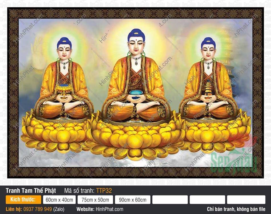 Tranh Tam Thế Phật TTP32 Tranh Tam Thế Phật TTP32 khắc họa ba Đức Phật ngự tòa sen vàng trang nghiêm