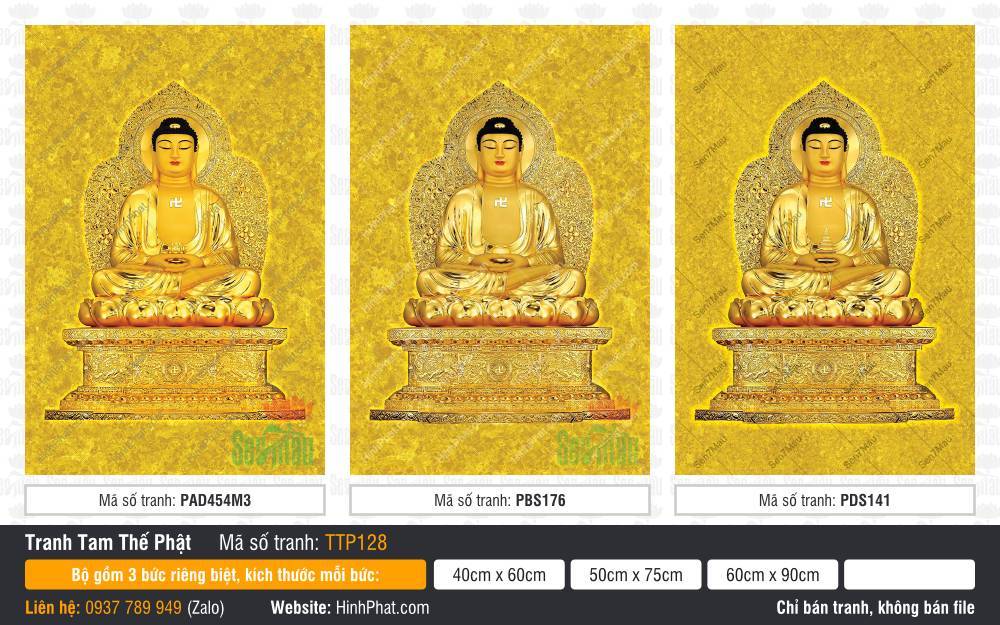 Tranh Tam Thế Phật đẹp TTP128 Tranh Tam Thế Phật đẹp TTP128 khắc họa Đức Phật tọa thiền trên đài sen