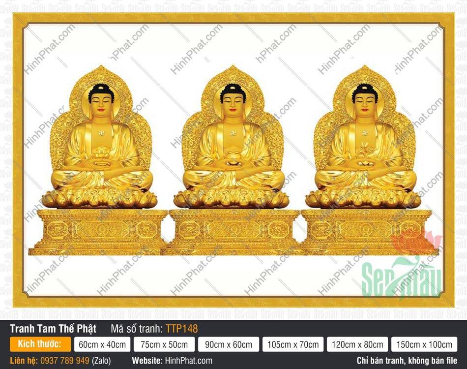 Tranh Tam Thế Phật đẹp nhất TTP148 Tranh Tam Thế Phật đẹp nhất TTP148 sắc vàng đồng bộ uy nghiêm trên tòa sen