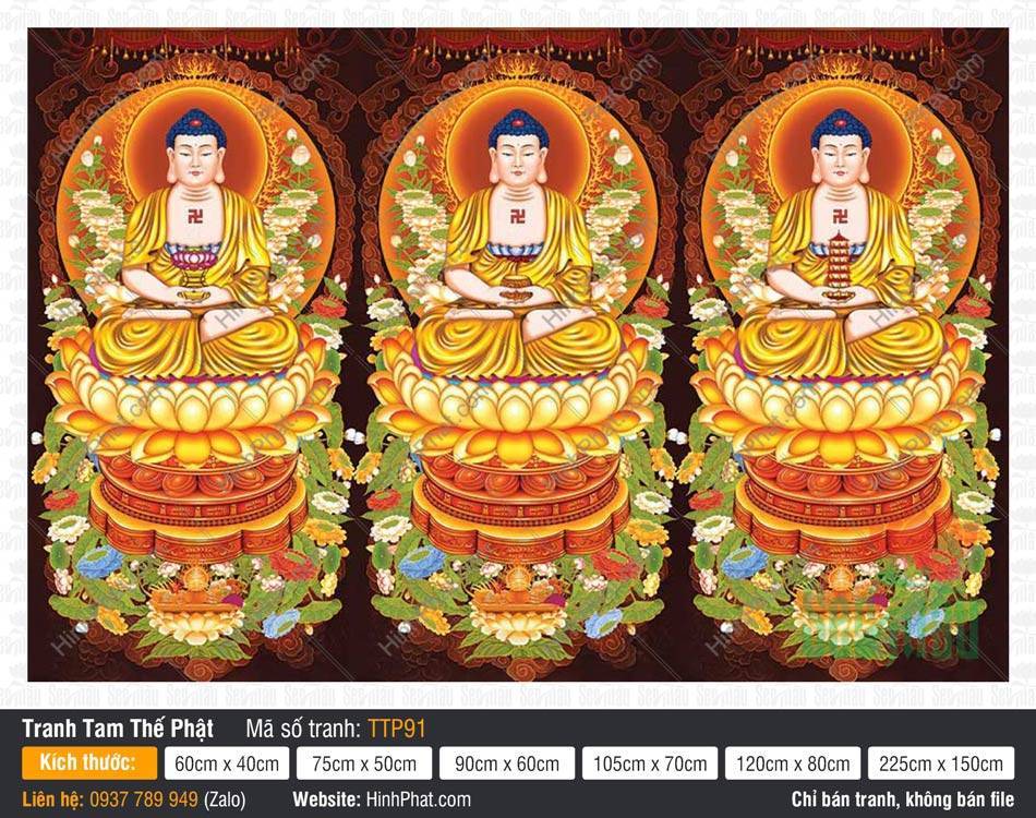 Tranh Tam Thế Phật đẹp nhất TTP91 Tranh Tam Thế Phật đẹp nhất TTP91 ba vị áo vàng ngự đài sen hoa lá