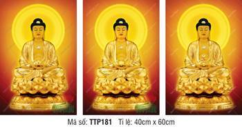 Hình Tam Thế Chư Phật TTP181, rực rỡ hào quang tròn trên nền đỏ cam