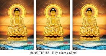 Hình Tam Thế Phật Size Lớn TTP182, họa phẩm nền hoàng hôn sóng biển