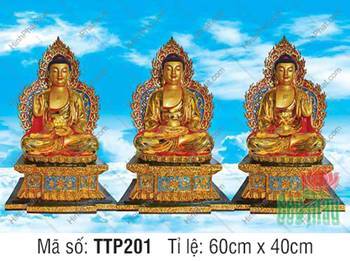 Hình Tam Thế Phật Size Lớn TTP201, hào quang lửa xanh đỏ rực rỡ