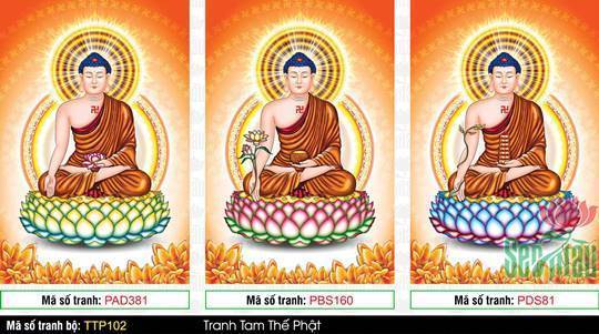 Hình Tam Thế Phật TTP102, bộ ba bức họa áo choàng vàng đất
