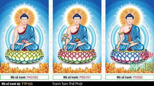 Hình Tam Thế Phật đẹp TTP103, bộ ba bức tranh sắc xanh thanh tịnh