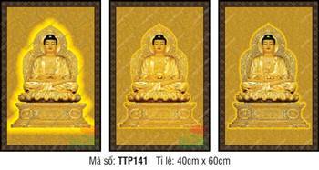 Hình Tam Thế Phật đẹp TTP141, bộ ba bức nền gấm hoa văn vàng