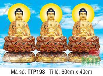 Hình Tam Thế Phật đẹp TTP198, sắc y phục gấm đỏ hoa văn thêu