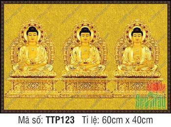 Hình Tam Thế Phật đẹp nhất TTP123, sắc vàng toàn thân ngự nền gấm