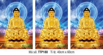 Hình Tam Thế Phật đẹp nhất TTP180, sắc vàng hào quang xanh biếc