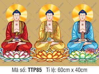 Hình Tam Thế Phật đẹp nhất TTP85, sắc áo đỏ vàng xanh