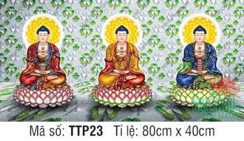 Tam Thế Chư Phật TTP23, ba Đức Phật ngự đài sen nền cỏ bốn lá