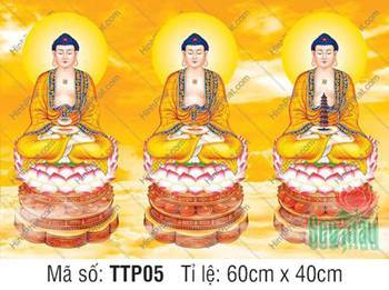 Tam Thế Phật Size Lớn TTP05, ba Đức Phật ngự đài sen nền vàng