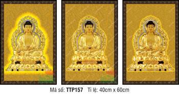 Tam Thế Phật Size Lớn TTP157, nét vàng hoàng kim nền gấm cổ điển