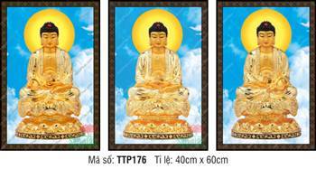 Tam Thế Phật Size Lớn TTP176, bộ ba bức họa nền trời xanh mây trắng