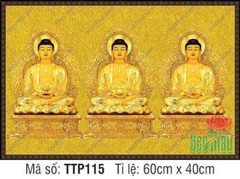 Tam Thế Phật TTP115, bức tranh hoành đơn giả phù điêu vàng