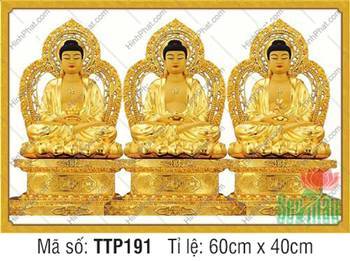 Tam Thế Phật TTP191, bộ ba họa phẩm bệ tựa chạm trổ cổ kính