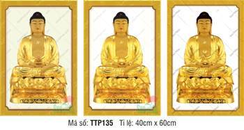 Tam Thế Phật đẹp TTP135, bộ ba bức rời sắc hoàng kim tọa thiền