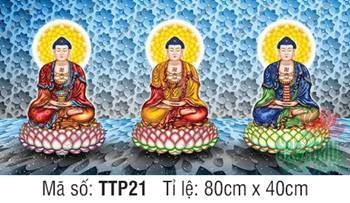 Tam Thế Phật đẹp TTP21, ba Đức Phật tọa thiền trên nền tường hoa xanh