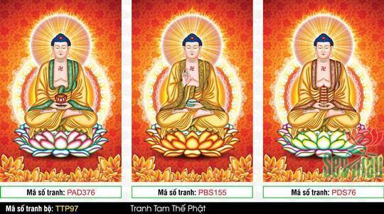 Tam Thế Phật đẹp TTP97, bộ ba bức nền đỏ họa tiết vàng kim