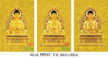 Tam Thế Phật đẹp nhất TTP117, sắc vàng kim nền gấm hoa văn