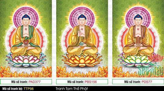 Tam Thế Phật đẹp nhất TTP98, bộ ba bức họa nền xanh lá
