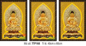 Tranh Tam Thế Chư Phật TTP168, vòm hào quang lá đề nền gấm vàng