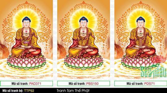 Tranh Tam Thế Chư Phật TTP92, bộ ba bức đứng nền lá bồ đề