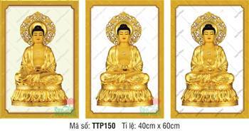 Tranh Tam Thế Phật Size Lớn TTP150, ba vị Phật tỏa hào quang ren vàng