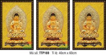 Tranh Tam Thế Phật Size Lớn TTP169, nền gấm vàng hào quang cổ kính