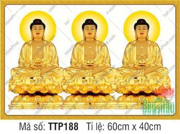 Tranh Tam Thế Phật Size Lớn TTP188, họa phẩm hào quang tròn nền trắng