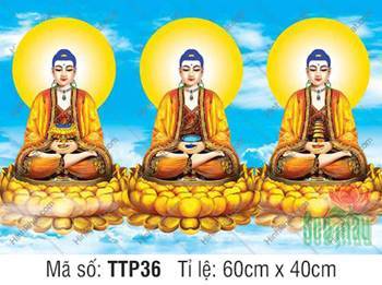 Tranh Tam Thế Phật Size Lớn TTP36, nền trời mây trắng