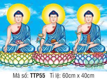 Tranh Tam Thế Phật Size Lớn TTP55, Ba Vị Phật Áo Xanh Nền Trời