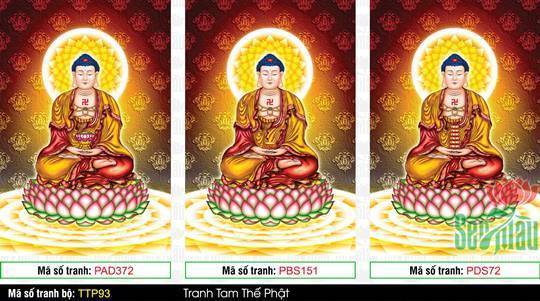 Tranh Tam Thế Phật Size Lớn TTP93, bộ ba bức họa nền gấm cổ
