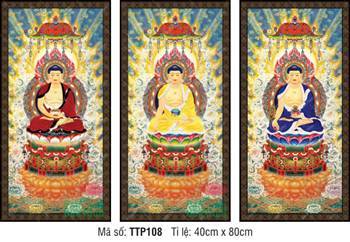 Tranh Tam Thế Phật TTP108, ba sắc y phục dưới lọng che bảo cái