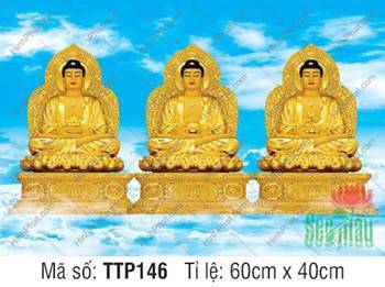 Tranh Tam Thế Phật TTP146, bộ ba bức họa giữa nền trời mây xanh