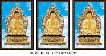 Tranh Tam Thế Phật TTP165, ba vị sắc vàng hào quang lá đề cổ