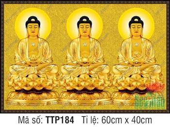 Tranh Tam Thế Phật TTP184, rực rỡ sắc hoàng kim thanh tịnh