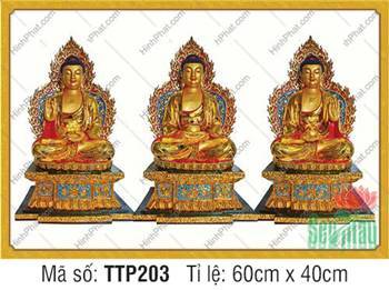 Tranh Tam Thế Phật TTP203, nét vẽ hào quang xanh lam cổ kính