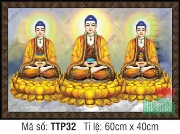 Tranh Tam Thế Phật TTP32, khắc họa ba Đức Phật ngự tòa sen vàng