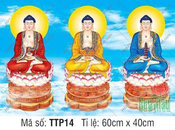 Tranh Tam Thế Phật đẹp TTP14, ba màu y phục giữa nền trời xanh