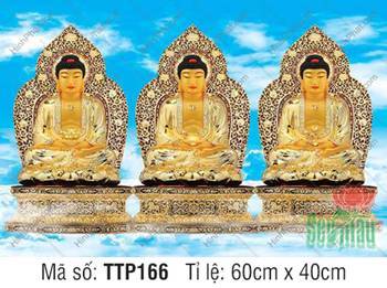 Tranh Tam Thế Phật đẹp TTP166, hào quang ren giữa nền trời mây