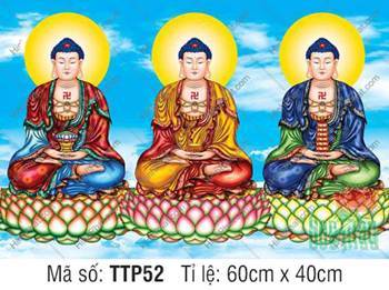 Tranh Tam Thế Phật đẹp TTP52, Ba Đức Phật Tọa Thiền Giữa Nền Trời