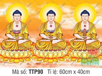 Tranh Tam Thế Phật đẹp TTP90, ba Đức Phật khoác y phục màu vàng