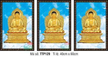 Tranh Tam Thế Phật đẹp nhất TTP129, ba vị Phật sắc vàng kim tòa sen