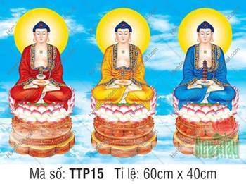 Tranh Tam Thế Phật đẹp nhất TTP15, ba sắc áo y phục trang nghiêm