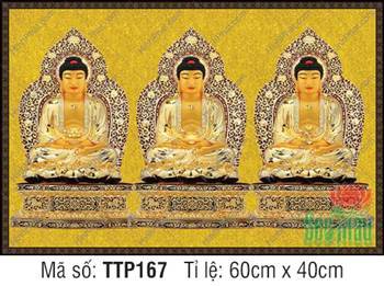 Tranh Tam Thế Phật đẹp nhất TTP167, họa phẩm liền khối nền gấm